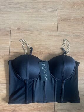 Lovers + Friends Black Chain-Strap Longline Bustier Crop Top